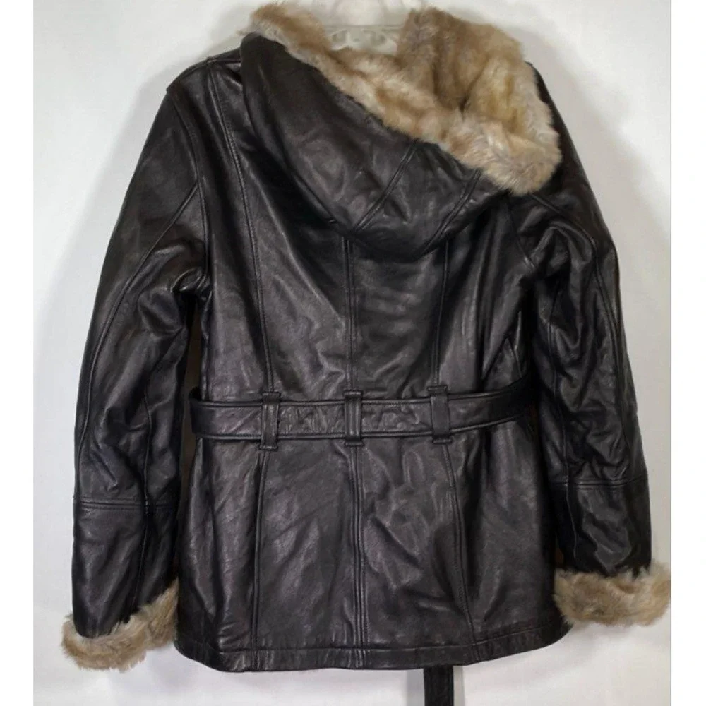 Wilsons Vintage USA Mens Genuine Leather Faux Fur Hooded Belted Jacket Medium